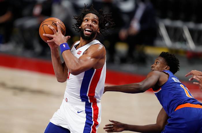 Detroit Pistons center Jahlil Okafor (13) turns toward the basket against New York Knicks